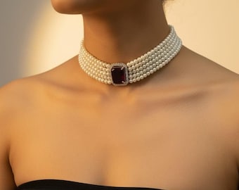 Pearl and Red Stone Choker Necklace Set, Sabyasachi Style Bridal Jewelry