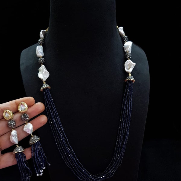 pearl beads long necklace, Sabyasachi necklace, Indian necklace, Indian jewelry, Pakistani Jewelry, antique mala set, jaipuri set.