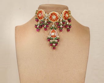 Kundan Polki Choker: Jaipuri Meenakari Indian Bridal Necklace Set