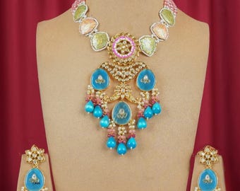 Turquoise Kundan Beaded Indian Necklace Set: Sabyasachi Style Jewelry