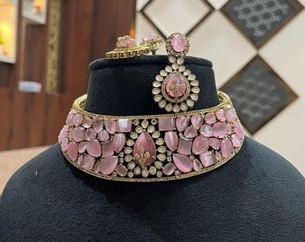 Elegant Pink Stone Choker Necklace Set: Sabyasachi Style Bridal Jewelry
