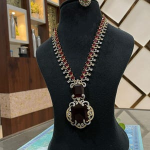 Antique Diamond necklace,White Gold plated necklace with Ruby stone,Indian jewelry,Victorian necklace,Wedding necklace,  Diamond jewellery.