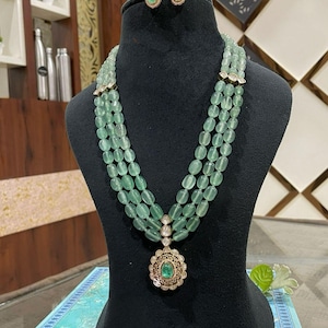 Mint Green Kundan Polki Necklace: Beaded Indian Bridal Jewelry