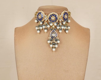 Kundan Polki Choker Necklace: Meenakari Indian Bridal Jewelry Set