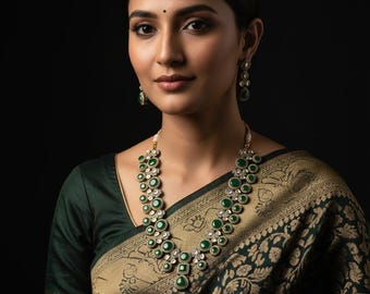 Green Kundan and Stone long Necklace Set: Sabyasachi Style Bridal Jewelry