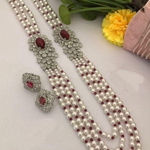 Red Real Pearl long necklace,Sabyasachi mala set,Indian necklace,Beaded jewelry,pink Stone necklace, Bollywood mala set,Jaipuri mala.