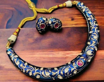 Blue Meenakari Kundan Hasli: Pakistani Gold Necklace with Earrings