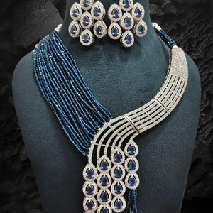 Blue Beaded & Stone studded long Necklace,Jaipuri jewelry,Sabyasachi jewelry,Indian set,Bollywood set,Pakistani jewelry,Beaded Necklace.