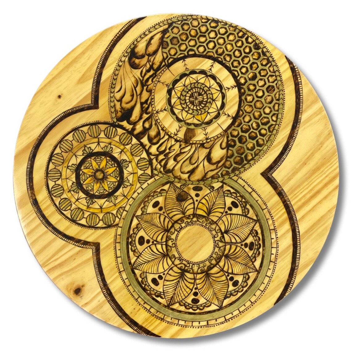 Round End Table - Wood Burned, Pyrography Mandala Design, Honeycomb - Etsy