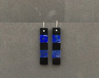 Striped Earrings Obsidian Lapis Lazuli Earrings Colour Block Earrings Sterling Silver Earrings Modern Earrings Semi Precious Stone Earrings