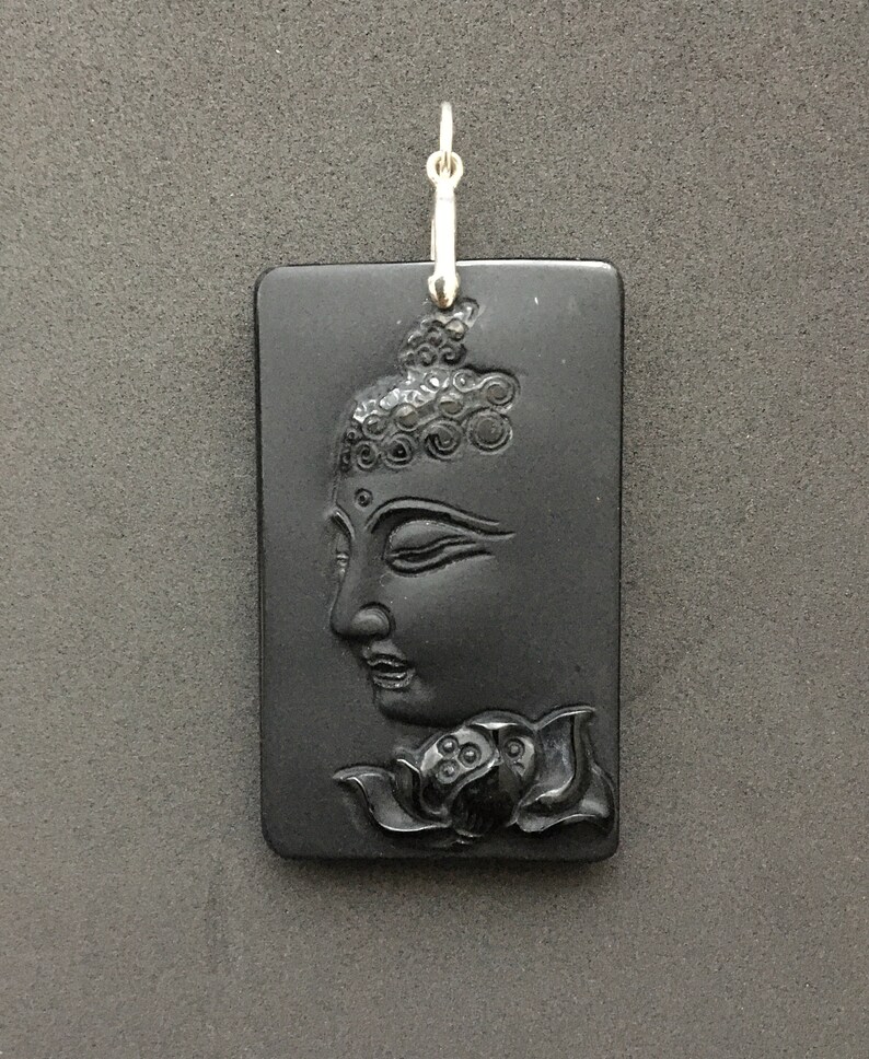 Elegant Sterling Silver Obsidian Carved Buddha and Lotus Cameo Rectangle Pendant or Necklace