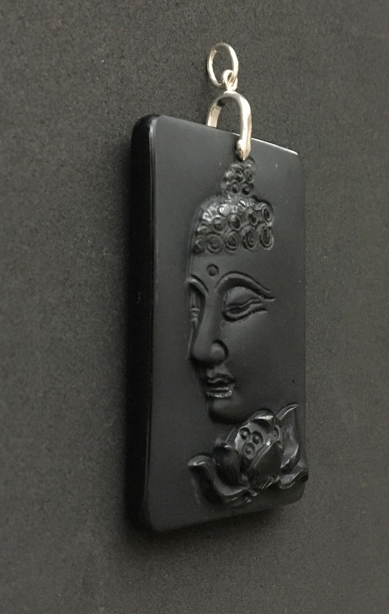 Elegant Sterling Silver Obsidian Carved Buddha and Lotus Cameo Rectangle Pendant or Necklace