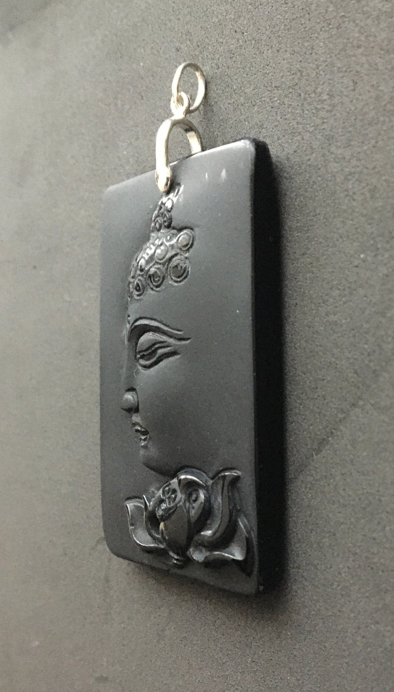 Elegant Sterling Silver Obsidian Carved Buddha and Lotus Cameo Rectangle Pendant or Necklace