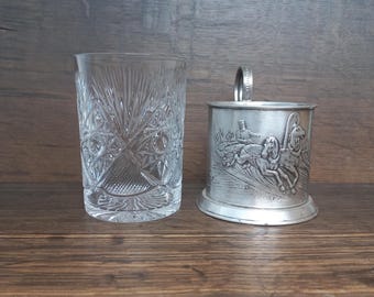 Service à thé vintage en verre en cristal Melchior « Troïka » Podstakannik