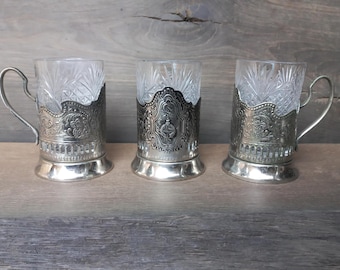 Porte-gobelet à thé vintage en cristal de Melchior, URSS Podstakannik