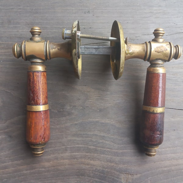 Lot de 2 poignées de porte vintage - quincaillerie de porte de chambre - poignée de porte rustique - poignée de porte en bois et laiton - poignée de porte en métal - poignée de porte d'entrée