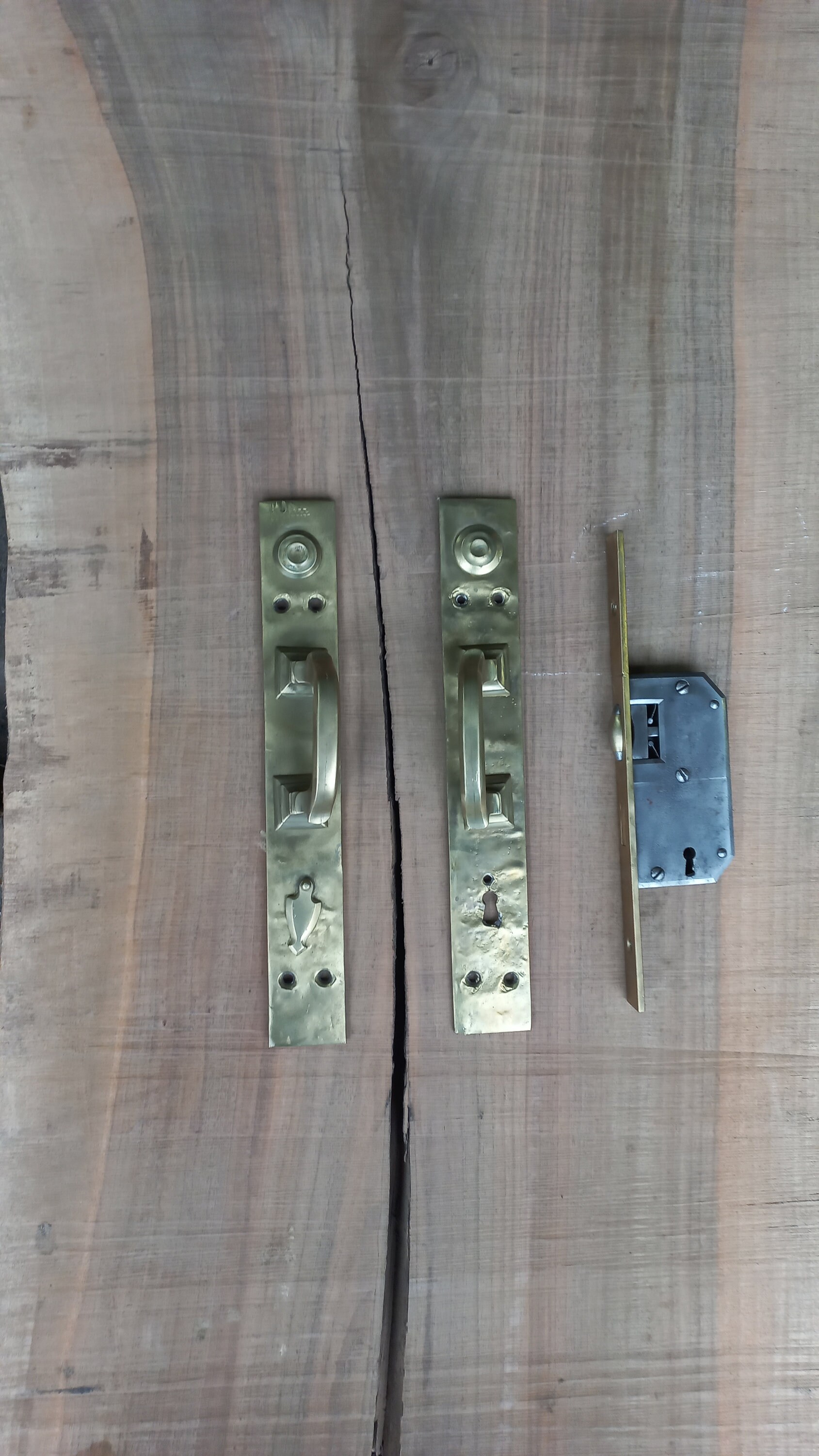 Set of 2 Vintage Brass Door Handles with Lock: Rustic Barn Door Hardware