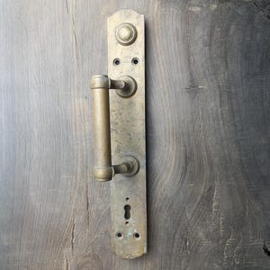 Può includere: Maniglia e placca per porta in ottone antico montate su una porta in legno stagionato. La maniglia è una barra cilindrica e la placca presenta un buco della serratura e dettagli decorativi. La venatura del legno è visibile.