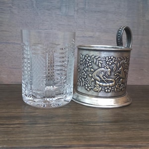 Vintage Crystal Glass Tea Cup Holder: Goat and Fox Melchior Podstakannik