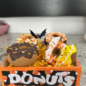 Set of 4 Halloween Faux Donuts in a decorative wooden box. Fake Halloween Donuts.