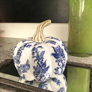 Fall Pumpkins Chinoiserie/Blue and White Pumpkin/Unique Halloween Decor/Thanksgiving/Autumn Mantel/ Fall Decor/Decoupage.