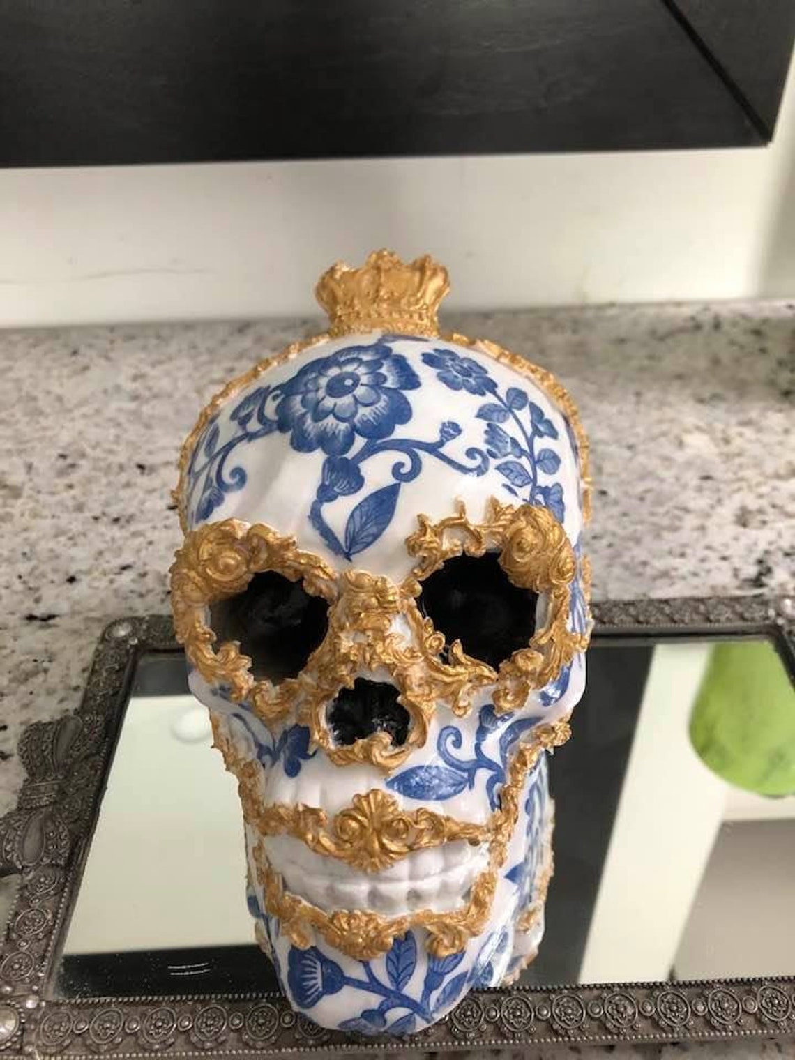 Day of the Death/ Skull/ Decoupage/white and Blue Decor/ Etsy