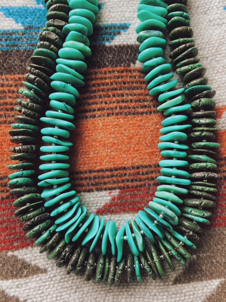 Genuine Kingman Blue Green and Dark Green Turquoise Statement Necklace Boho Western Beaded Gemstone