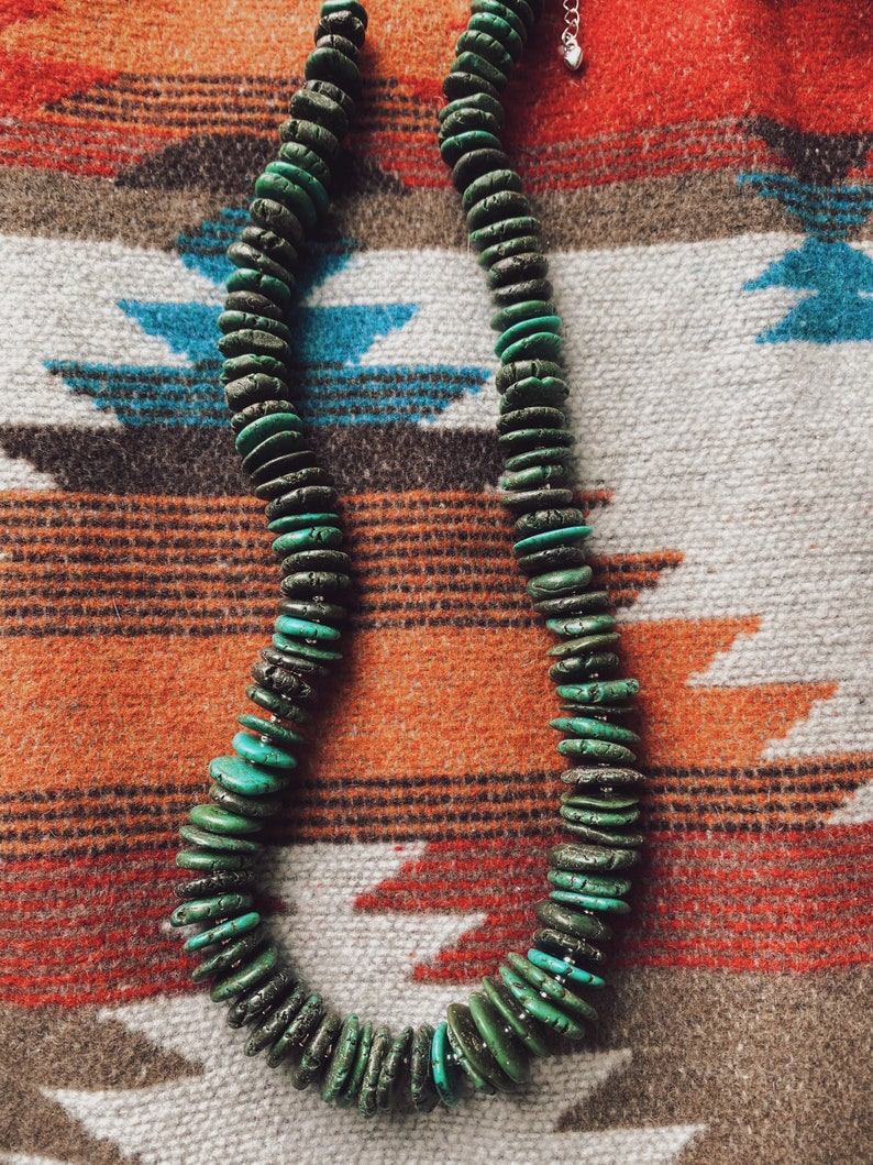 Genuine Kingman Blue Green and Dark Green Turquoise Statement Necklace Boho Western Beaded Gemstone