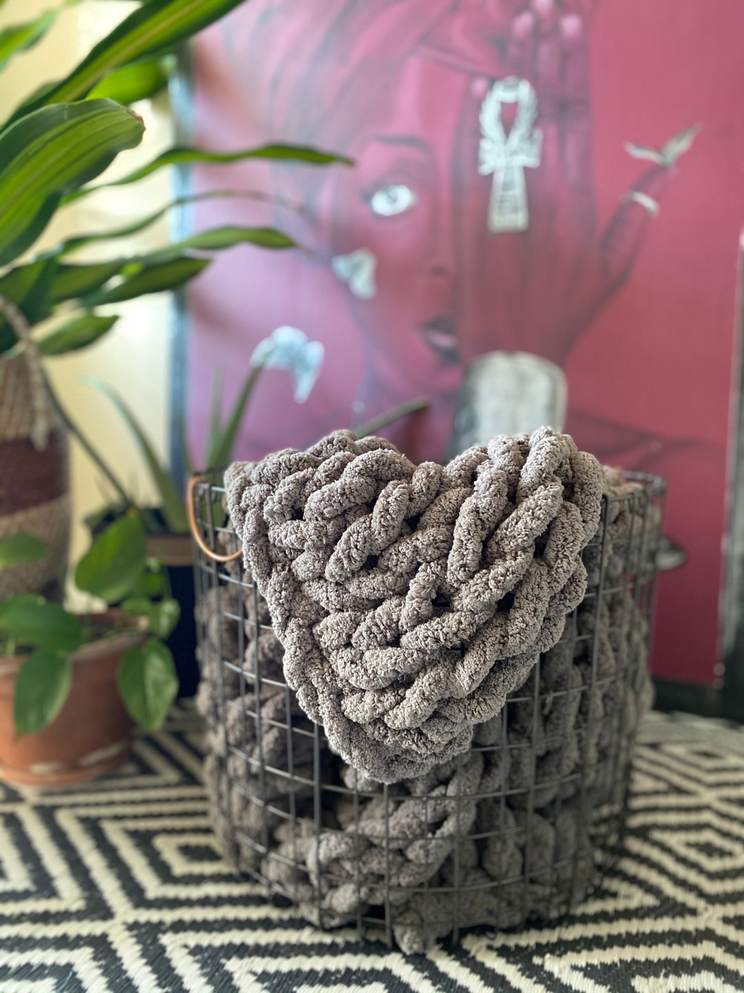 SALE Gray Chunky Knit Throw Blanket, Jumbo Yarn Blanket, Farm House