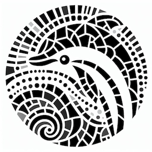May include: Black and white abstract illustration of a dolphin with a mosaic pattern. The dolphin is surrounded by a circular design with a spiral pattern.
