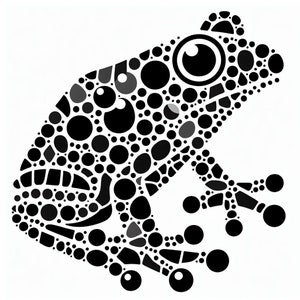 May include: Black and white illustration of a frog made up of circles and other shapes.