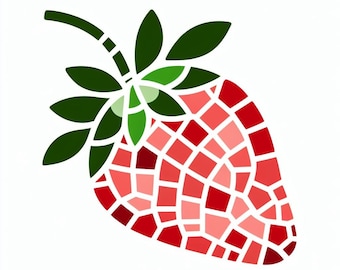 May include: A red strawberry with green leaves, made of small squares in a mosaic style.