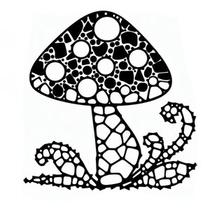 May include: Black and white line art illustration of a mushroom with a patterned cap and stem. The mushroom has a whimsical, stylized design.