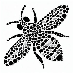 May include: Black and white mosaic bee illustration. The bee is made up of small circles and squares.