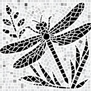 May include: Black and white mosaic tile design of a dragonfly with wings spread, perched on a stem with leaves.