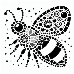 Op de afbeelding: Zwart-witte gestileerde illustratie van een bij gemaakt van cirkels en stippen. De bij heeft een groot, rond hoofd met twee antennes en een klein, rond lichaam met vleugels.