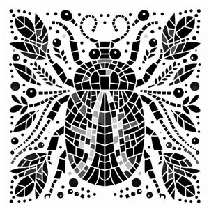May include: Black and white mosaic illustration of a beetle with intricate details. The beetle is surrounded by stylised leaves and berries.