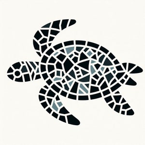 May include: Black and grey mosaic turtle illustration. The turtle is facing right and has a detailed shell.
