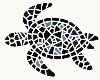 May include: Black and grey mosaic turtle illustration. The turtle is facing right and has a detailed shell.