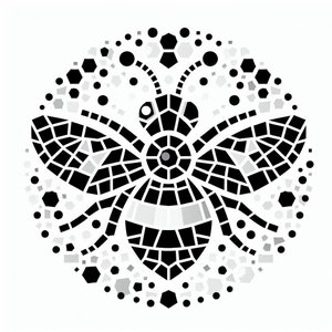 May include: Black and white mosaic bee illustration with a circular pattern of small black and white shapes around it.