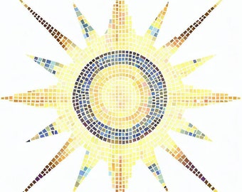 May include: A yellow, blue, and brown mosaic sun with a circular design in the center.