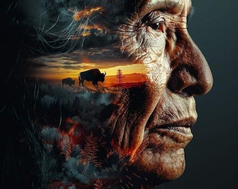 May include: A close-up portrait of an Indigenous elder with a weathered face. The image is a double exposure, with a scene of a forest fire and a bison silhouetted against a sunset in the background.