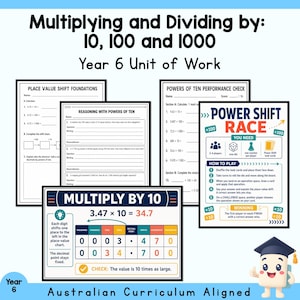 以下が含まれることがあります： Multiplying and Dividing by 10, 100 and 1000, Year 6 Unit of Workと題された教育用ワークシートとゲームボードのセット。位取りの基礎、推論演習、パフォーマンスチェック、およびPower Shift Raceゲームが含まれており、オーストラリアのカリキュラムに準拠した算数教材です。