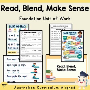 Könnte beinhalten: Unterrichtsmaterialien mit dem Titel Read, Blend, Make Sense Foundation Unit of Work. Enthält Arbeitsblätter mit Phonetikübungen, ein Sam's Print-Path Brettspiel, Lesesätze mit Illustrationen und eine Zeichentrickfigur mit Doktorhut.