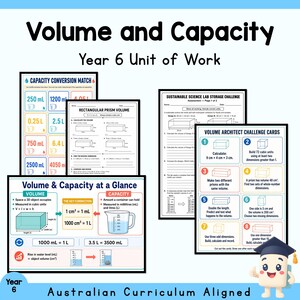May include: A collection of educational worksheets titled Volume and Capacity Year 6 Unit of Work. The pages feature math problems, diagrams of rectangular prisms, conversion charts, and challenge cards with text in black, blue, and red ink.