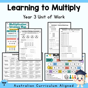 May include: A collection of educational worksheets titled Learning to Multiply Year 3 Unit of Work. The pages include a Multiplication Strategy Map, an assessment, worksheets on arrays and fact tables, and a board game with a cartoon character.