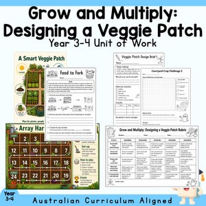 Puede incluir: Una unidad de trabajo para los años 3-4 titulada Grow and Multiply: Designing a Veggie Patch. El conjunto incluye hojas de trabajo, un juego de mesa llamado Array Harvest, una hoja de actividades Food to Fork, resúmenes de diseño y una rúbrica.