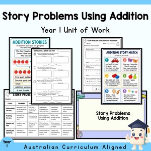 May include: A collection of educational worksheets titled Story Problems Using Addition for Year 1 students. The pages feature maths problems with illustrations of apples, cars, butterflies, blocks, shells, and stickers, plus a grading rubric.