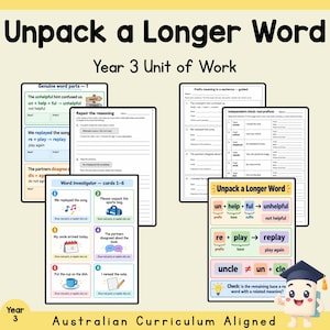 Peut inclure: Fiches pédagogiques intitulées Unpack a Longer Word Year 3 Unit of Work, présentant des tableaux et exercices sur les préfixes et suffixes. Les pages incluent des exemples comme unhelpful, replayed et disagree, avec un personnage de dessin animé.