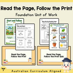 Op de afbeelding: Educatief materiaal getiteld Read the Page, Follow the Print Foundation Unit of Work. Bevat werkbladen met illustraties van zaden, bladeren, bijen en potten, plus een quiz, allemaal met tekst voor vroege geletterdheid.